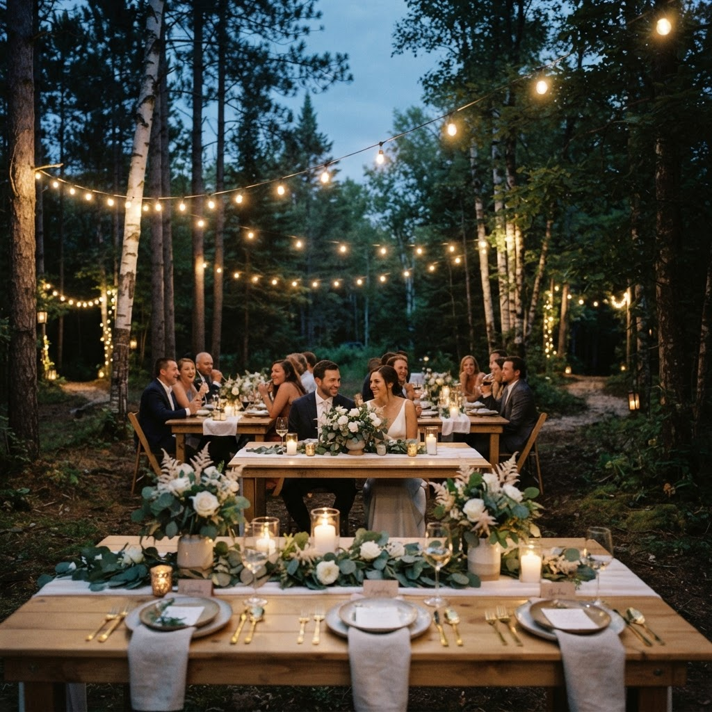 String lights over an evening reception in the forest